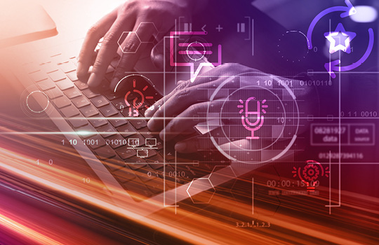 Person typing on keyboard, icons, and data highway