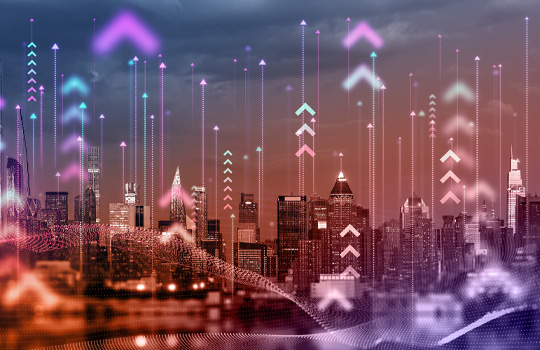 cityscape with digitized arrow overlay