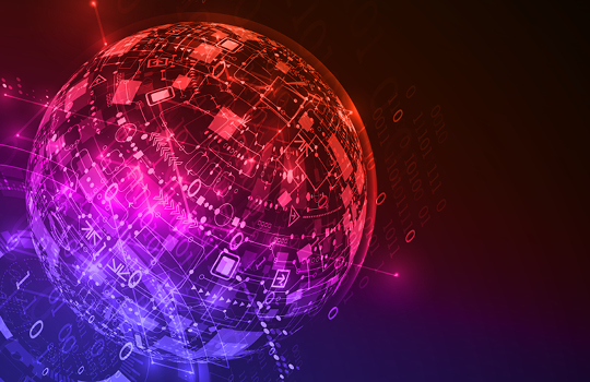 a globe of purple and blue data points