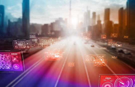 vehicle dashboards on a purple and orange spectrum