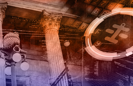 doric columns and a legal icon on an orange background