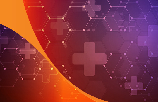 medical icons and overlapping hexagons on a purple and orange background