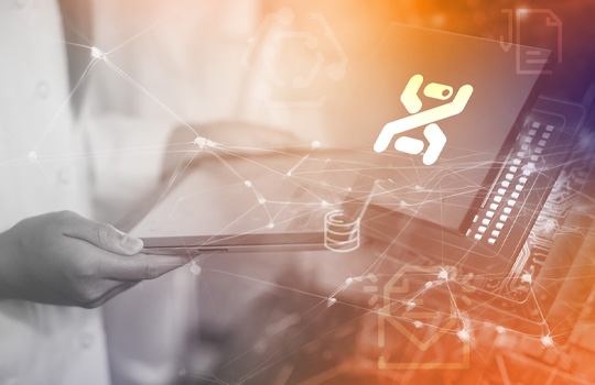 icon and digital connections on a grey and orange background