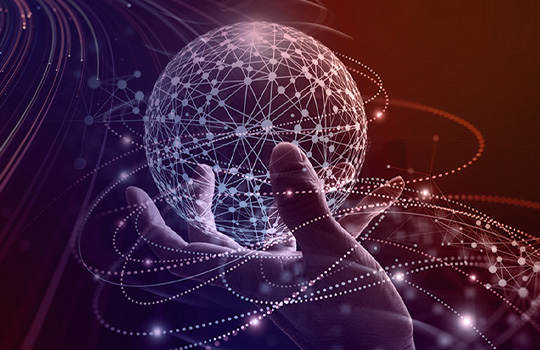 swirling rings of data and a digital sphere