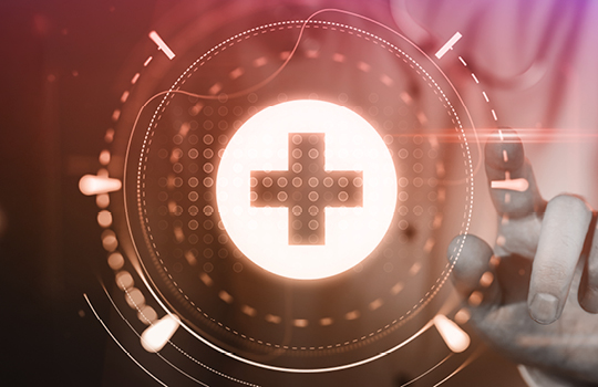 healthcare icon in the middle of purple and orange dials