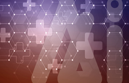 connected hexagons and hospital symbols on a purple background