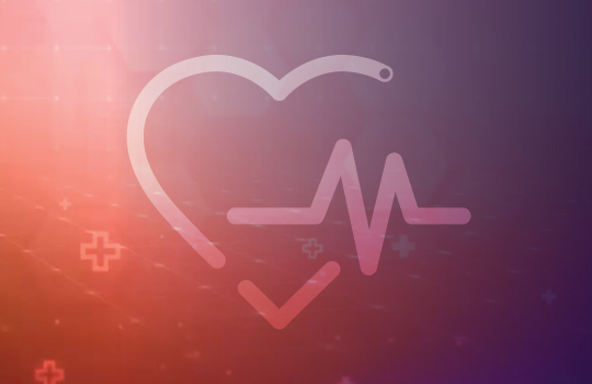 Orange and purple gradient with heart and health icons