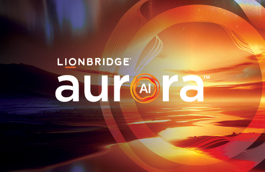 Orange and purple aurora with the Lionbridge Aurora AI Array logo overlaying the image, representing the new customer interface.