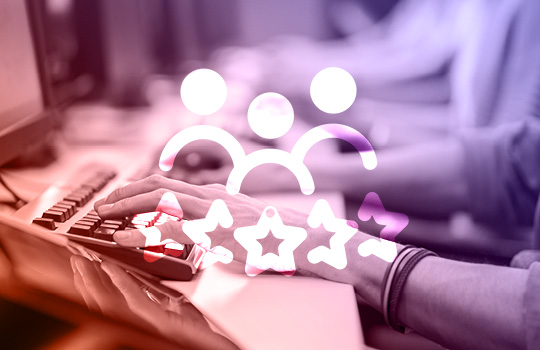 people typing with an interpretation logo overlaid