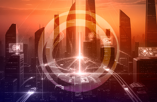 An array of light appears between buildings in a thriving city