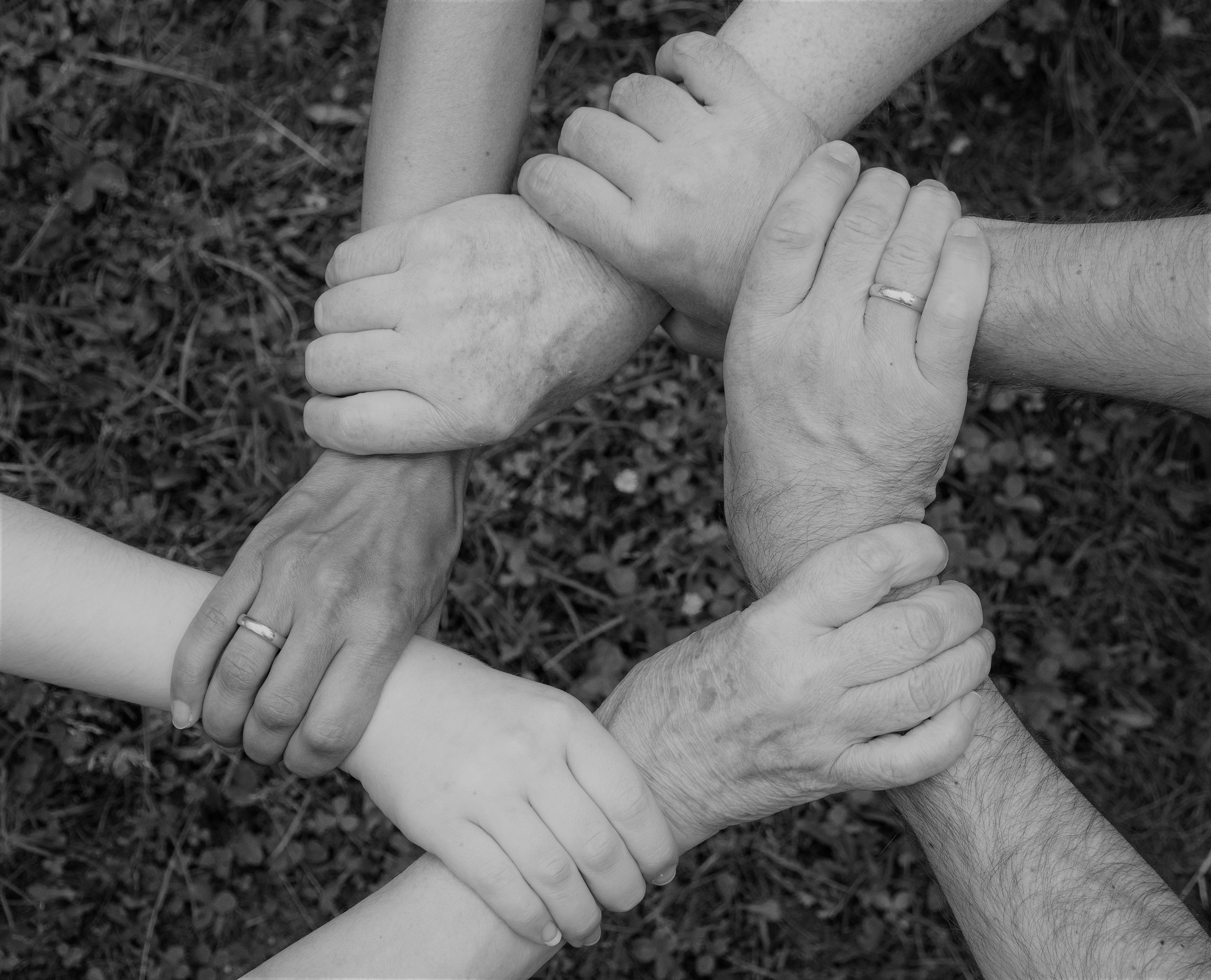 six hands joined together by holding wrists representing the community Lionbridge is building for our translators
