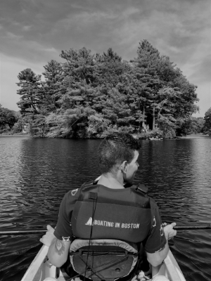 Lionbridge Program Manager Michael Geraci in kayak on the Charles river