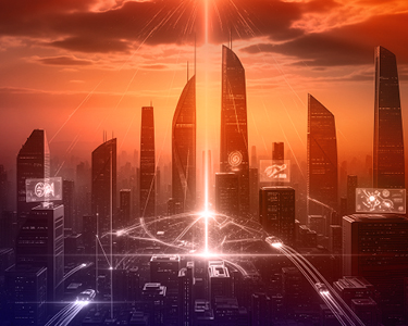 An array of light appears between buildings in a thriving city