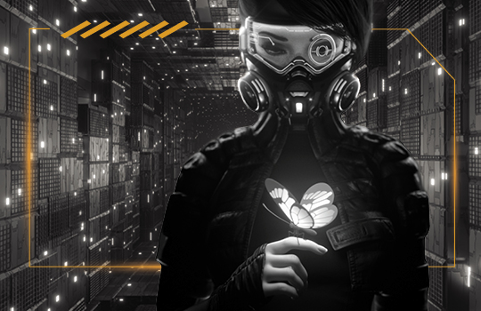 A character in a space suit carries a glowing butterfly against a backdrop similar to an open shuttle or cargo bay.