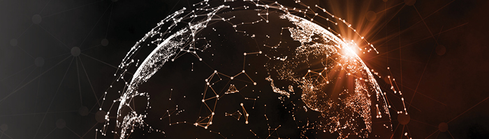 Digitalisierter Globus mit aufgehender Sonne