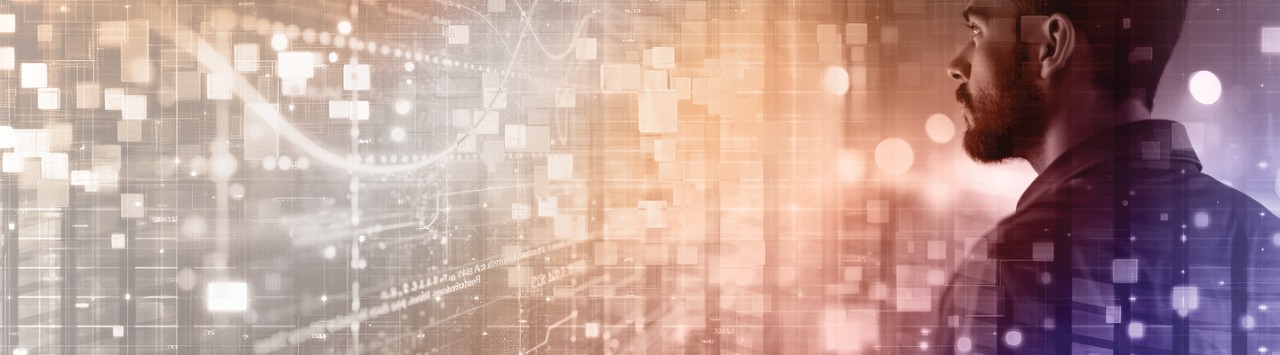 Person, die digitale Daten auf einem orange- und silberfarbenen Bildschirm betrachtet 