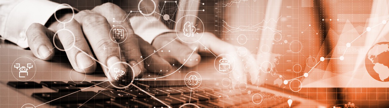 Person typing on a keyboard with icons as an overlay 