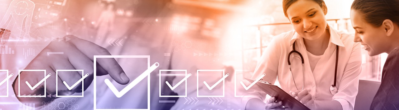 Häkchen-Symbol, klinischer Forscher und Patient