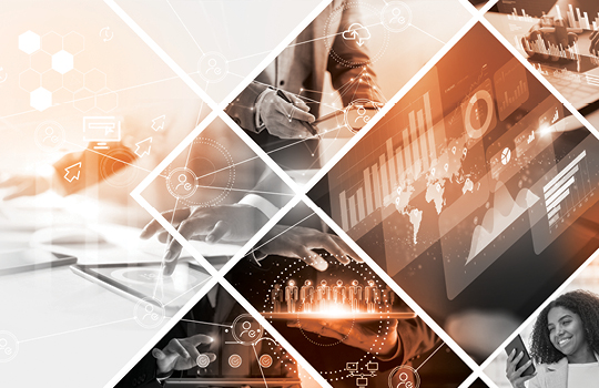 Corporate collage conveying global SEO initiatives and people conducting web searches.