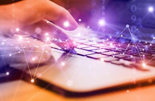 person typing on keyboard with purple and orange overlay