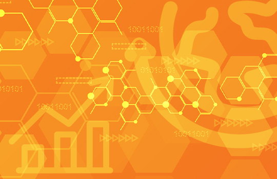 orange background with connected orange hexagons and icons