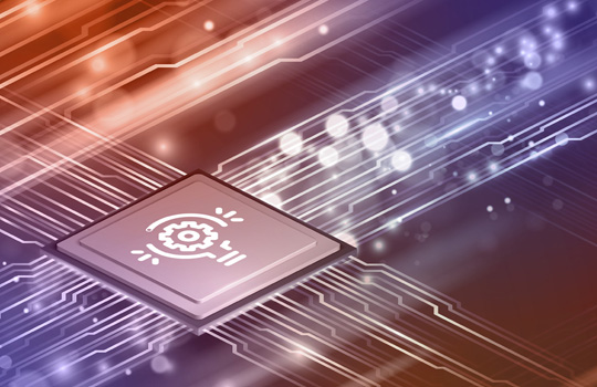 A microchip with a lightbulb and gear icon in the middle of it surrounded by holographic circuitry.