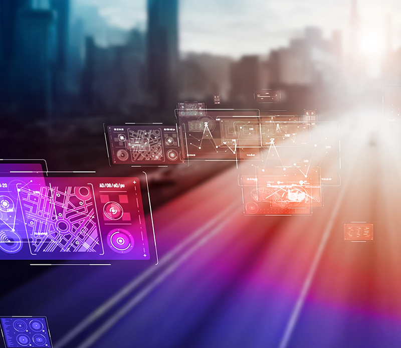 vehicle dashboards on a purple and orange spectrum