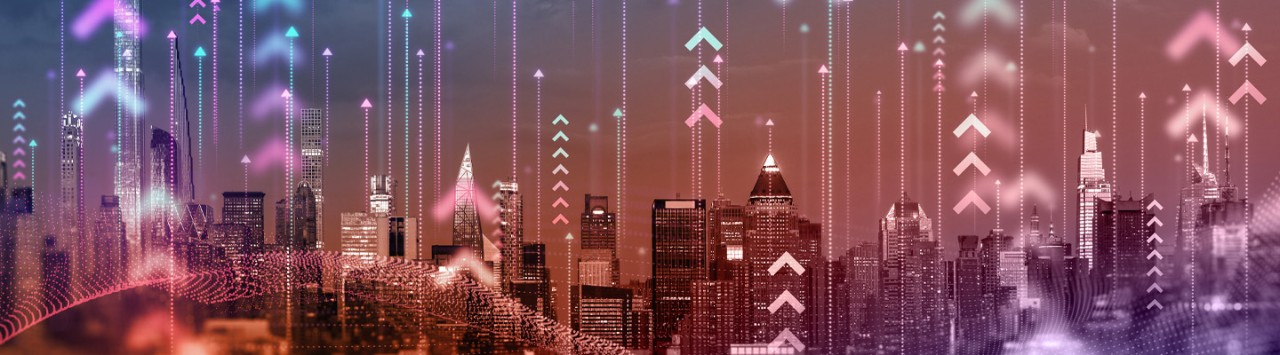 cityscape with digitized arrow overlay