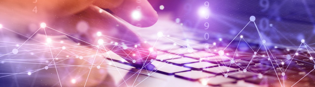 person typing on keyboard with purple and orange overlay