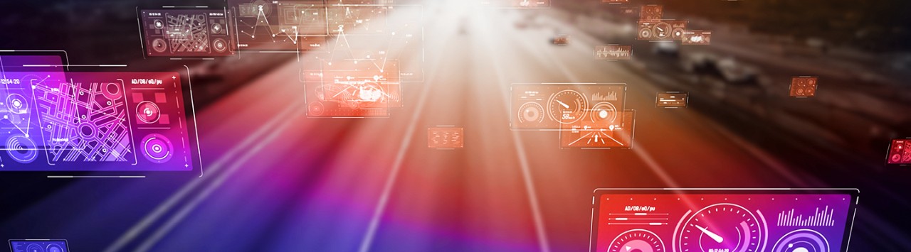 vehicle dashboards on a purple and orange spectrum