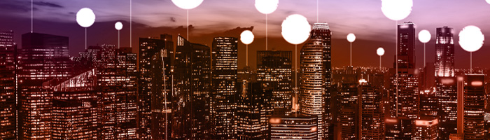 purple and orange cityscape with white location markers