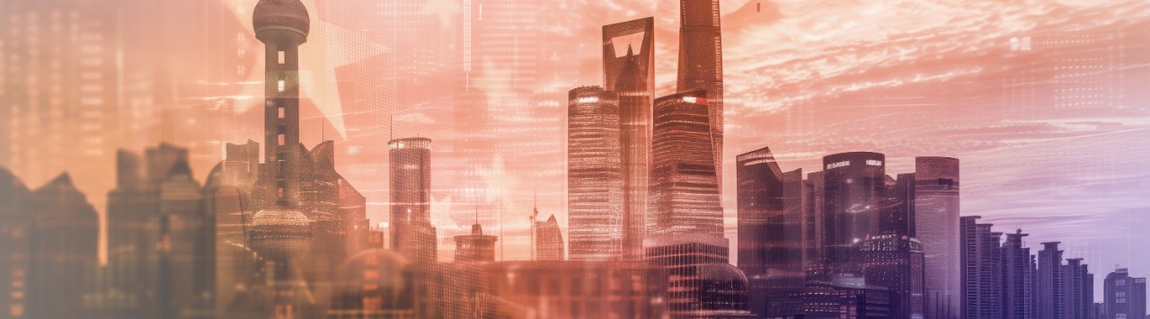 cityscape on an orange and purple background