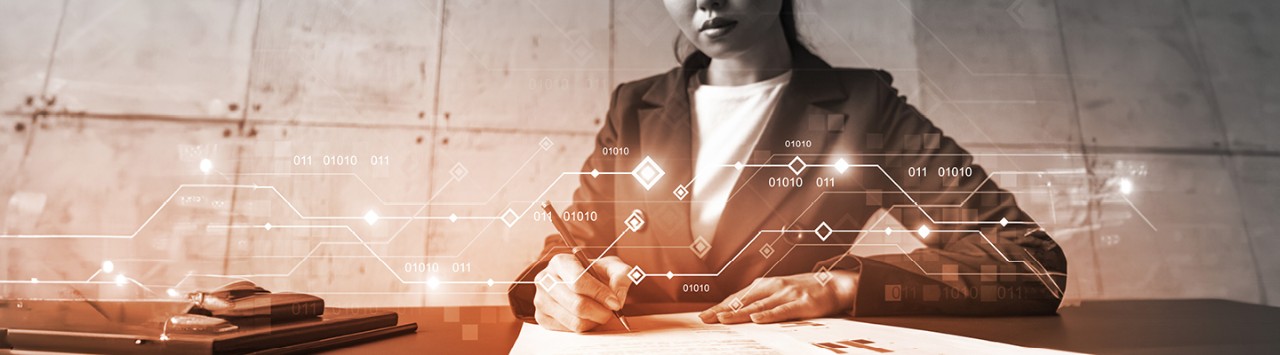 Lawyer with overlay of icons