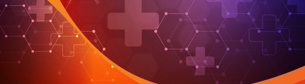 medical icons and overlapping hexagons on a purple and orange background 