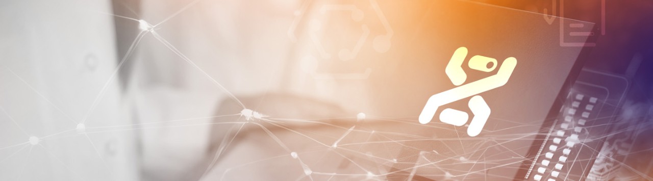 icon and digital connections on a grey and orange background