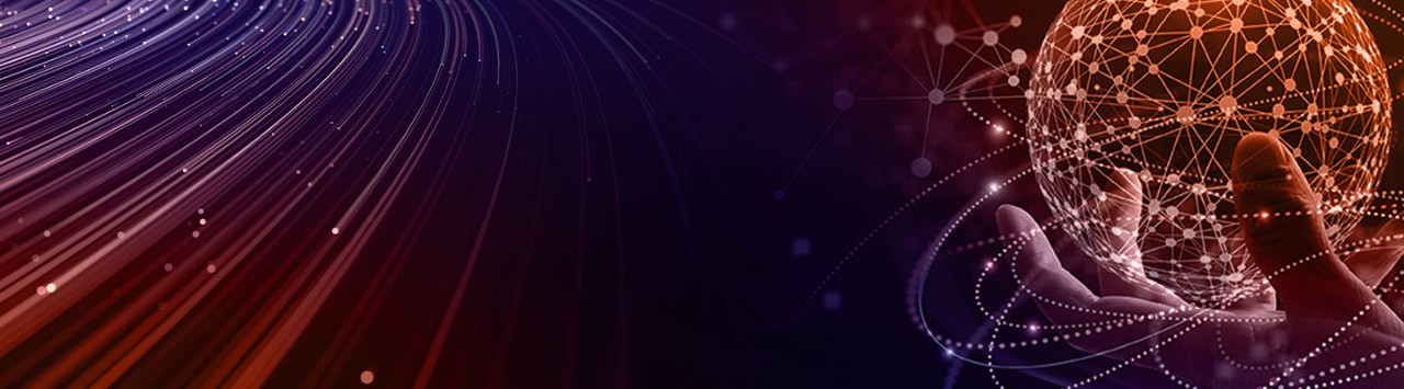 swirling rings of data and a digital sphere 