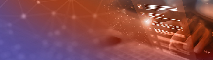 person looking at data with orange and purple backdrop