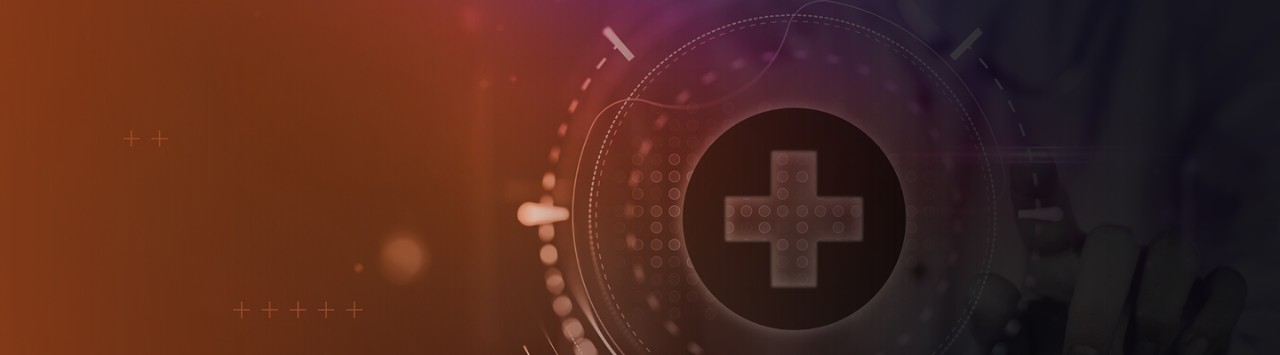 healthcare icon in the middle of purple and orange dials 
