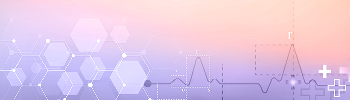 Hospital symbols, heartrate line, and hexagons on a light purple background