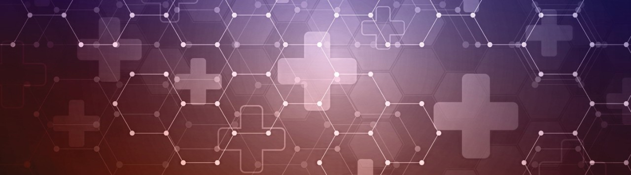 Hospital symbols and digital hexagons connected on a purple background