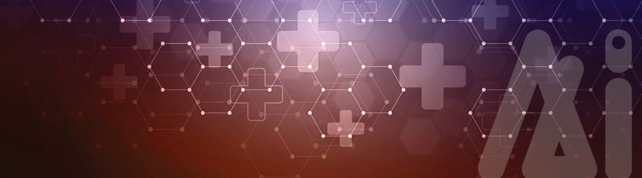 connected hexagons and hospital symbols on a purple background