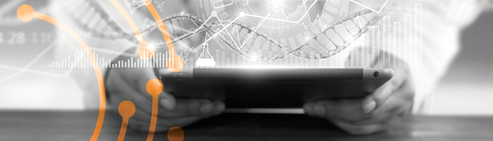A closeup of someone holding a tablet in both hands, with a translucent overlay of a double helix.