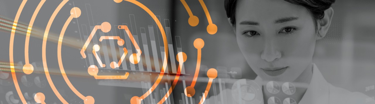 A woman gazes through a transparent screen with translucent data visualizations visible. A soft orange logo of concentric circle segments overlays the image.
