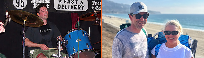 Matt playing the drums, and a photo of Matt and his Wife at the beach