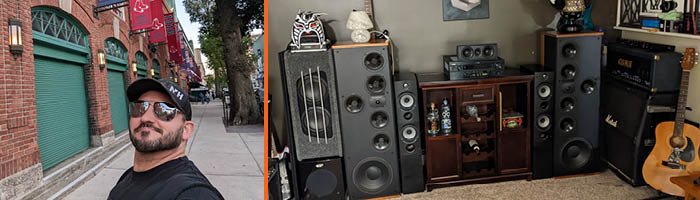 Mike's home studio, which includes a guitar and multiple amps.