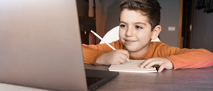 A schoolboy learning in front of a computer 
