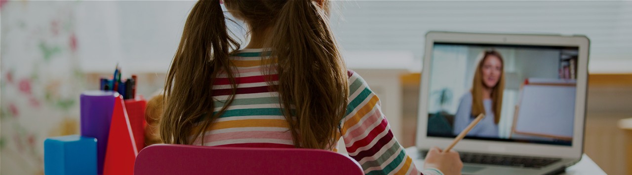 A schoolgirl learning in front of a computer 