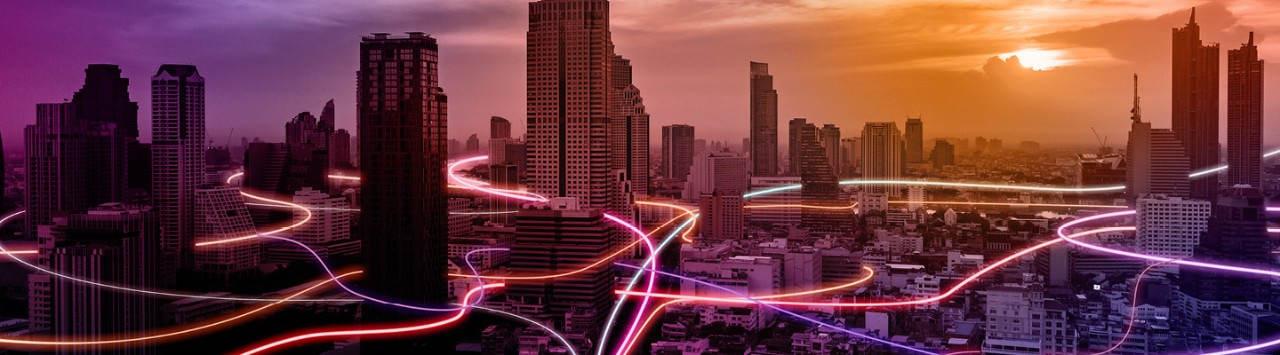 Connected cityscape suggesting custom LLMs to connect global audiences. 