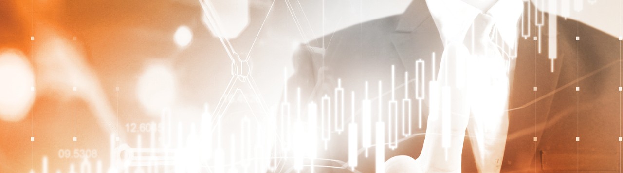 person in a suit with data plots and an orange background