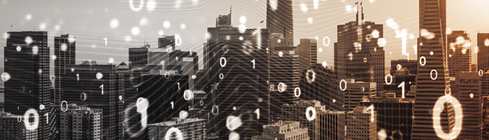 Binary code superimposed on a cityscape